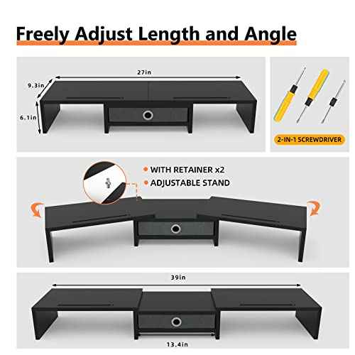 WESTREE Dual Monitor Stand Riser with Drawer, Adjustable Length and Angle Monitor 2 Solts for Phone & Tablet, Desktop Organizer Stand for Computer/Laptop/PC/Printer