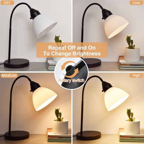 2 Pack LED Desk Lamp for Home Office, 3 Levels Dimmable Reading Light, Flexible Gooseneck Table Lamp for Bedside Office, Rotary Switch Control, Desk Lamp for College Dorm Study, Bulb Included, Black