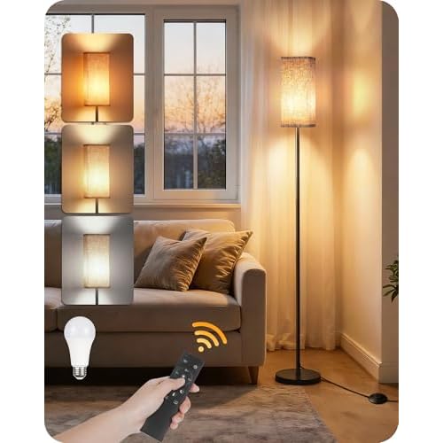 64.2¡± Dimmable Floor Lamp for Living Room with Remote and Foot Switch, Corner Floor Lamp for Bedroom, Includes 10W A19 Bulb, Modern Standing Tall Lamp, ETL Listed Beige and Black E17LD05