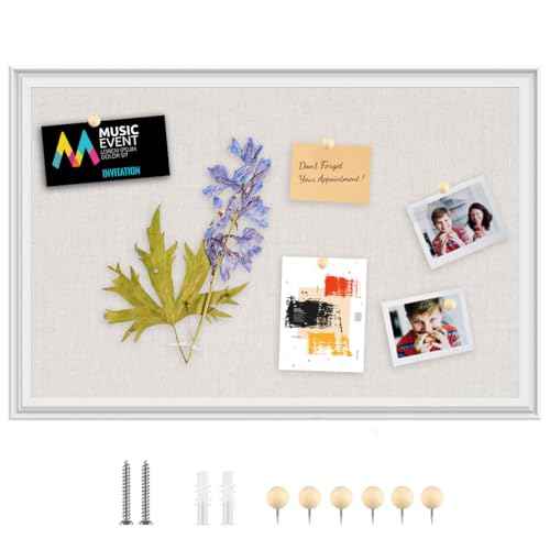 Linen Bulletin Board,Pin Boards for Walls,Fabric Bulletin Board,White Wood Frame Beige Linen,23.6"x35.4",Large Pin Board for Office,Home Kitchen, Vision Cork Board (WH-6090)