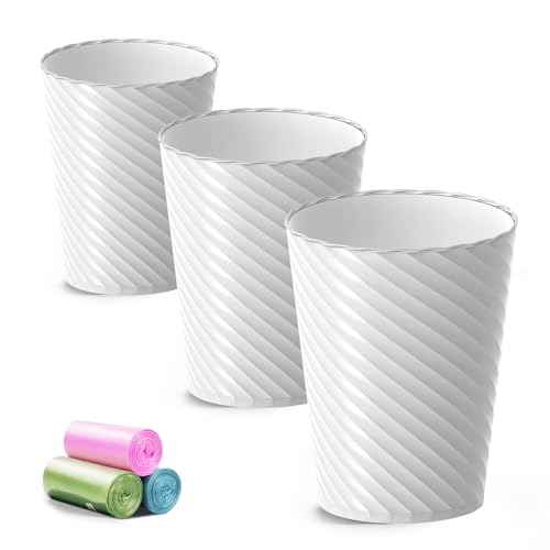 Bathroom Trash Can, 3 Pack 1.8 Gallons Small Trash Can with Trash Bags, Bathroom Garbage Can, Plastic Trash Bin, Round Waste Basket for Living Room, Bedroom, Office, Kitchen, Compact Space (White)