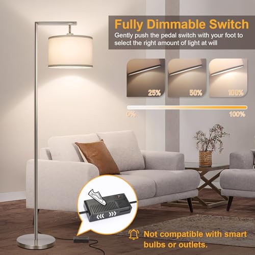 Dimmable Silver Floor Lamp, Brushed Nickel Floor Lamps for Living Room with Adjustable White Shade, Tall Standing Lamp Modern Reading Light for Bedroom Office Nursery, 9W LED Bulb Included