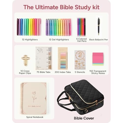 All-in-One Bible Journaling Kit ? Quilted Bible Cover Case for Women, 31 Highlighters, 75 Tabs, Bible Study Supplies & Christian Gift for Women and Teens (Shoulder Strap, Black)