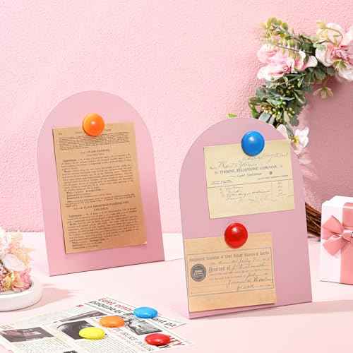 Shimeyao 2 Pcs Pink Magnetic Bulletin Board for Tabletops with 8 Magnets 10x7 Inch Memo Display Easel Stand for Home Office School Kitchen Table Supplies (Arched)