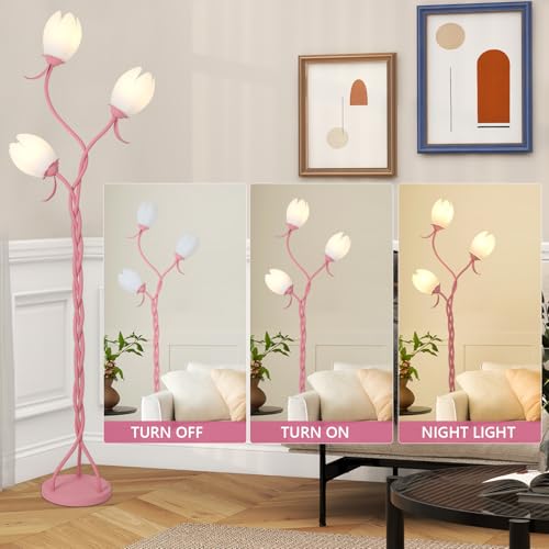 HMVPL Pink Flower Floor Lamp for Bedroom, 3-Light Floral Floor Lamp with 3 LED 5W Blubs, Foot Switch, Cute Girls Standing Lamp with Acrylic Shade, Gooseneck Lotus Flower Tall Lamp for Living Room Kids