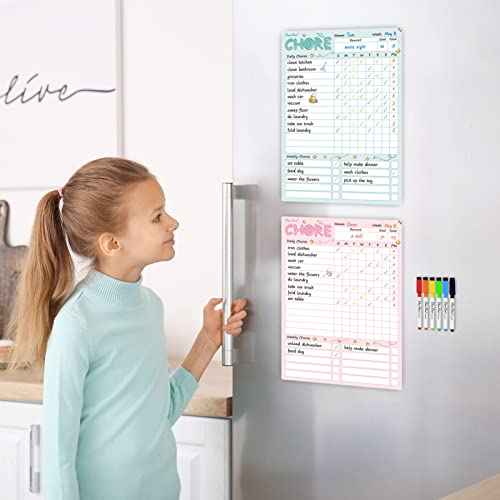 Magnetic Dry Erase Chore Chart - 8.5"x12" Behavior Responsibility Chore Board for Kids, Teenagers - 6 Extra Fine Point Markers Included - Shipped Flat 2 Pcs Blue & Pink