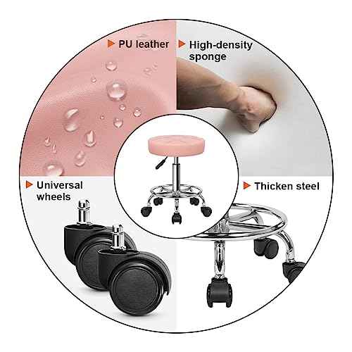 KKTONER Round Rolling Stool Chair PU Leather Height Adjustable Swivel Drafting Work SPA Shop Salon Stools with Wheels Office Chair Small (Pink)