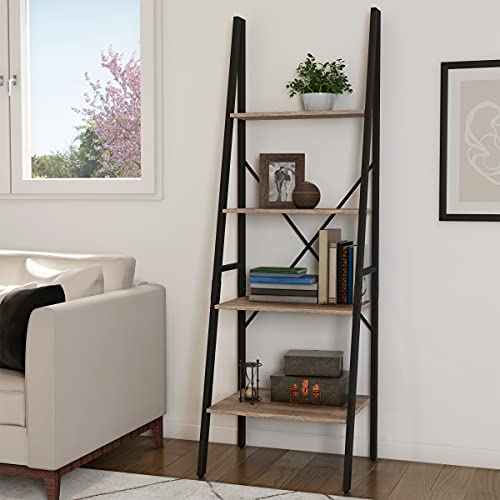 Lavish Home 4-Tier Ladder Bookshelf - Freestanding Bookcase with X-Back Frame and Leaning Look - Display Shelves for Home and Office (Black/Gray)