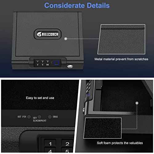 Biometric Gun Safe for Pistols 3-Ways unlock Fingerprint Digital PIN Key Unlock Handgun Safe with Sound, Lock box for Cloakroom living room Bedroom Nightstand and Car BILLCONCH