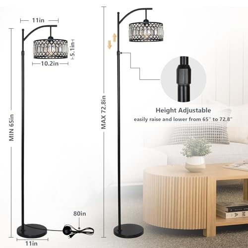 Crystal Floor Lamps for Living Room, Modern Arc Floor Lamp, Black Standing Lamp with Edison Bulb, Height Adjustable Tall Lamp for Bedroom, Corner Stand Up Lamp for Office, Arched Reading Light