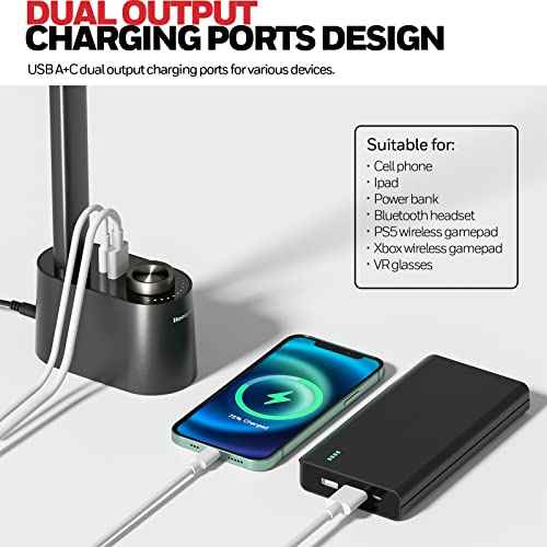 Honeywell Sunturalux¢â LED Desk Lamp with USB Charging Ports HWT-H01 - Stepless Dimmable Eye Caring Desk Light for Home Office Bedroom Bedside College Dorm, Foldable Table Lamp Reading Lamp Black
