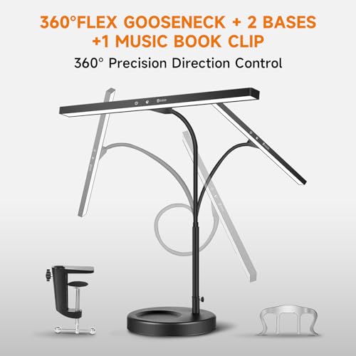 DUDUDU 17" Dimmable LED Piano Light, 2-in-1 Clamp Base Piano Lamp with Metal Music Book Clip & Flexible Gooseneck, 3 Colors Modes, Adjustable Height & Direction for Grand/Upright/Digital Pianos Black