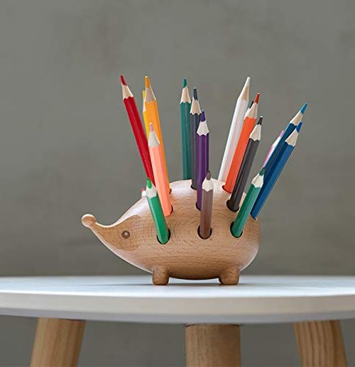 SANDECO Hedgehog Wooden Pen Cup Pencil Holder for Desk Decor Organizer Creative Home Tabletop Ornament Lovely Gift Wooden Storage