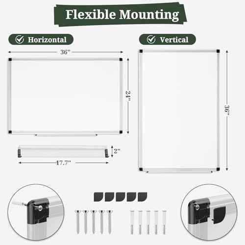 Magnetic Dry Erase Board, 36 x 24 Inch White Board for Wall, Whiteboard Kit with Eraser, Markers, Magnets & Pen Tray for Home, Office, School, Aluminum Frame