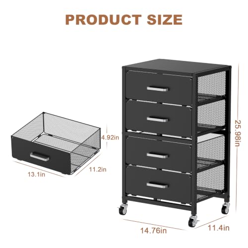 Smoproper Black 4-Drawer Metal Rolling Cart with Wheels - Heavy-Duty Utility Storage