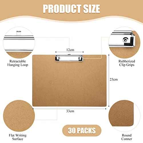 Sherr 30 Pcs Clipboard 9 x 13 Inch Large Brown Wooden Horizontal with Low Profile Clip Landscape Clipboard Layout for School Classroom Office Drawing Sketching Art Back to School Supplies