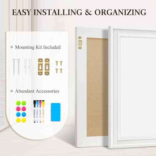 4 THOUGHT Dry Erase Board, 24 x 18 in Magnetic Whiteboard Wood Frame Wall-Mounted White Board Decorative Planner Notice Board for School, Office, Home, 8 Magnets 4 Markers 1 Eraser, White