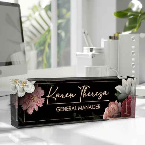 Custom Office Name Plate, Personalized Gifts for Women & Men, Appreciation Gifts for Employees, Boss, Teacher - Office Desk Accessory (Hibiscus Flower)