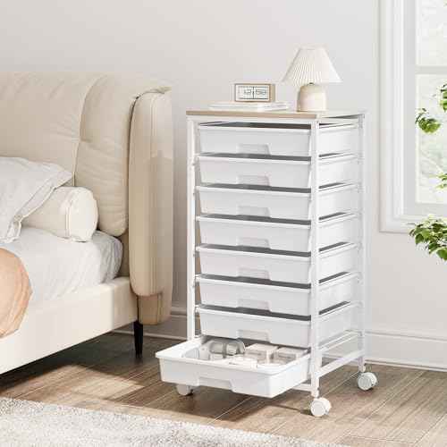 Storage Cart with 8 Drawers, Utility Cart with White Drawers and Wooden Tabletop, Craft Cart, Teacher Organization for Classroom,White