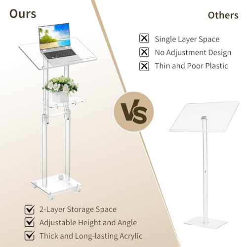 Joyoolife Adjustable Acrylic Podium Stand with Wheels, Tilt Top & Shelf (37.8-47.2 in)