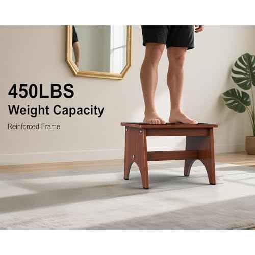 One Step Stool for Adults Seniors with Non-Slip Rubber Step Surface, 11.8" Heavy Duty Wooden Stepping Stools with 450 LBS Capacity for Bedroom Kitchen Bathroom