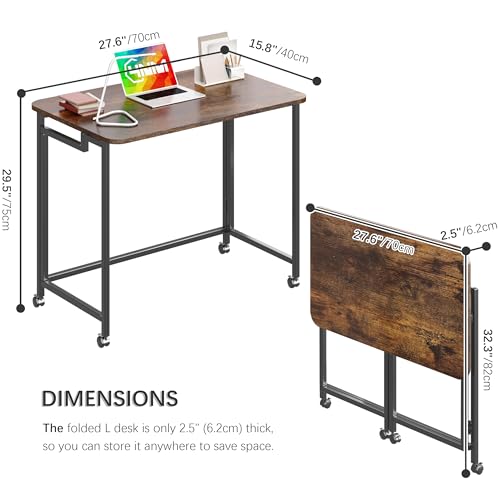 4NM 27.5-Inch Portable Folding Computer Desk with Wheels - Rustic Brown & Black, Easy Assembly, Small Space Office Cart