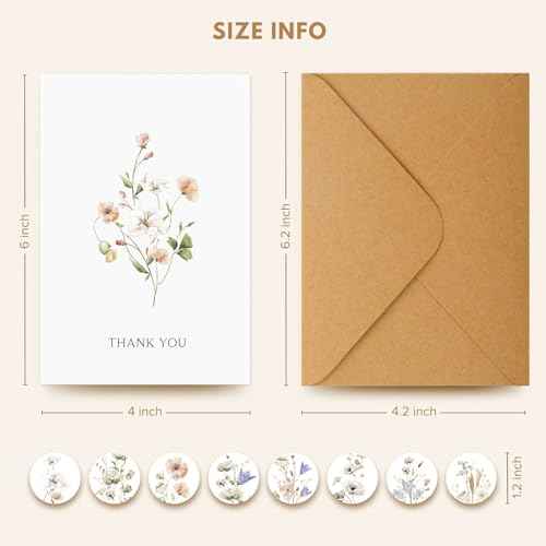 Thank You Cards with Envelopes - 32 Pack Wildflower Blank Cards With Adhesive Envelopes & Matching Stickers Perfect for Wedding, Bridal Showers, Baby Showers,Birthday, All Occasion