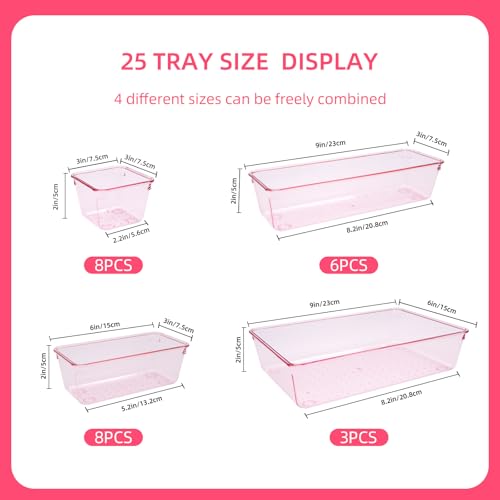 Pink Acrylic Drawer Organizer Trays Set of 25 for Kitchen, Bathroom, Office & Makeup Storage