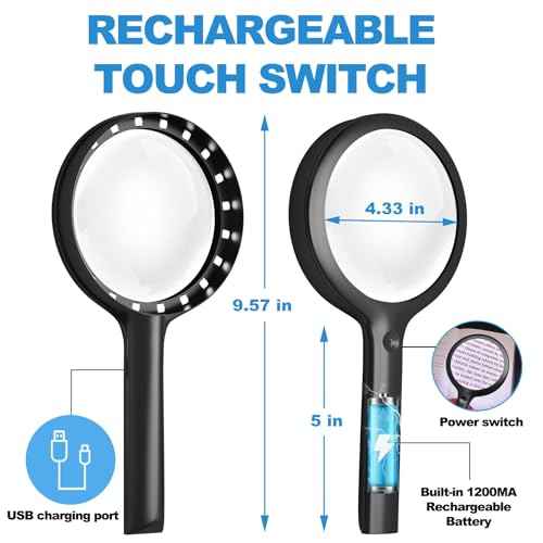 30X Charge Magnifier with Light, NUEYiO 4.33Inch Large Handheld Magnifying Glass with Light, 20 Daylight LEDs & Third Gear Dimming Lighted Magnifying Glass for Seniors Reading Inspection Coin Jewelry