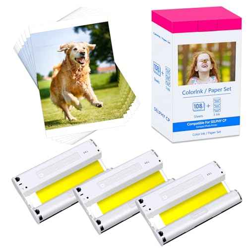 Compatible for Canon Selphy CP1500 CP1300 Ink and Paper 4x6 KP-108IN KP108IN Compatible with Selphy CP CP910 CP780 CP760 CP1200 CP740 CP1000 Printer 108 Sheets Photo Paper 3 Color Ink Cartridges Set