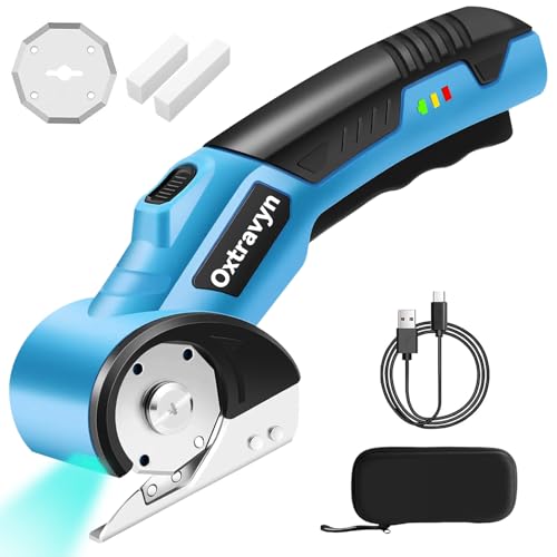 Electric Scissors, Box Cutter, Cardboard Cutter, Cordless Electric Scissors, 320RPM Rotary Cutter, 3000mAh Battery, LED Light, 2 Blades, Electric Box Cutter for Fabric Carpet Carton Plastic Leather