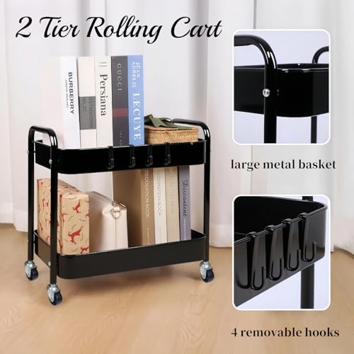 Black 2-Tier Metal Rolling Utility Cart with Handle & Lockable Wheels