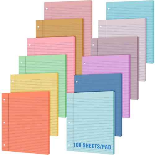 PerKoop 12 Pack Colored Loose Leaf Paper 1200 Sheets College Ruled 8.5 x 11 Inch Filler Paper 3 Hole Punched for 3 Ring Binders for School Office Supplies (Multi Colors)