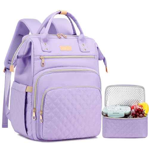 Lunch Backpack, 15.6 inch Laptop Backpack with Insulated Lunch Bag, Backpack Cooler for Women, Large Travel Backpack Lunch Box Compartment, Work Computer Backpack, Teacher College Book Bag, Purple