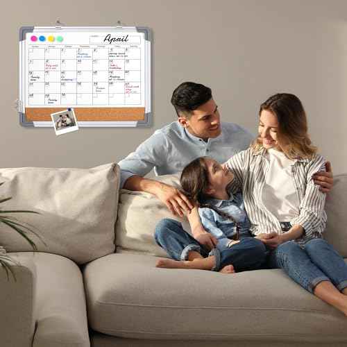 VUSIGN Monthly Calendar White Board Dry Erase Cork Board Combination for Wall, 17''x13'' Double-Sided Magnetic Dry Erase Board, Portable Calendar Bulletin Board for Office, Kitchen, School, Home