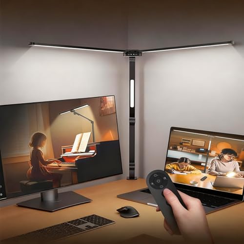 LED Desk Lamp for Office Home, Eye-caring 3-Lights 1500 Lumen with Clamp, Dual Screen Computer Adjustable Light, 24W Dimmable 272 Leds Remote Controlled Timed Table Lamp for Reading Study Working