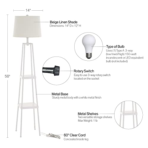 Catalina Lighting 21405-001 Modern Metal Floor Lamp with Shelves and Beige Linen Shade for Living, Bedroom, Dorm Room, Office, 58", White