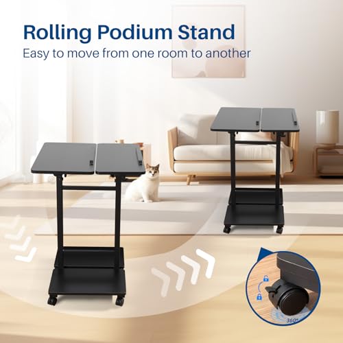 Multi-Purpose Lecterns & Podiums, Portable Mobile Standing Laptop Desk, Height Adjustable Rolling Podium Stand with Storage 2 Swivel Top,Sit Stand Lectern Desk Workstation for Classroom Church (Black)