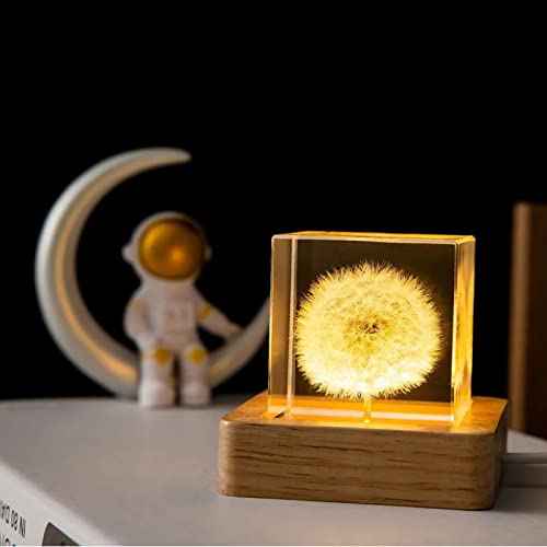 DESHINTKE Real Dandelion Glowing Cube Eternal Flower Paperweight with Luminous Base (Cube)