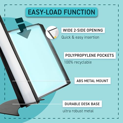 Tarifold DJOIS Desktop Reference & Display System - Durable Metal Base & Polypropylene - Letter-Size - 10 Double-Sided Pockets - 20 Sheet Capacity - Easy-Load - Made in France - Black