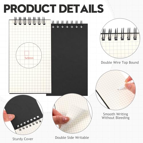 Jutom 100 Pcs Mini Pocket Notebooks Bulk 3x5 Graph Paper Top Spiral Notebook 120 Pages 80 Gsm Mini Grid Notepads Small Memo Pads for Home Classroom Office Business Work Supplies (Black)