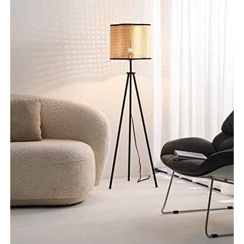 Gal - Mid Century Bohemian Tripod Floor with PVC Rattan Shade and Boho Velvet Rim for Bed Dining, Kitchen, Living Room, Beige