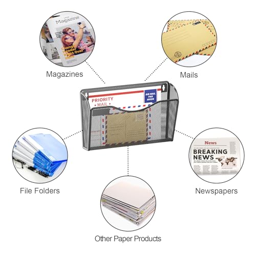 Samstar Black Mesh Wall Mounted File Organizer with Label Panel - 6 Pockets for Office & Home