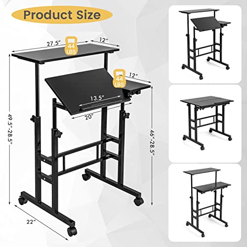COSTWAY Mobile Standing Desk, Laptop Cart with Flip-Over Desktop, Overbed Table with Wheels, Computer Desk for Standing or Sitting, Height Adjustable Workstation for Home & Office (Black)