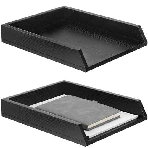 2 Pcs Wooden Letter Trays Wood Letter-Size Desk Organizer Heavy Duty 2 Tier Stackable Supports Paper Tray Desktop Drawer Organizer File Folder Magazine Office Accessories (Black)