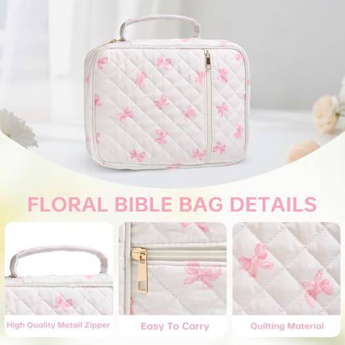 Pink Bow Bible Cover Case for Women Large Bible with Handle - Quilted & Organized