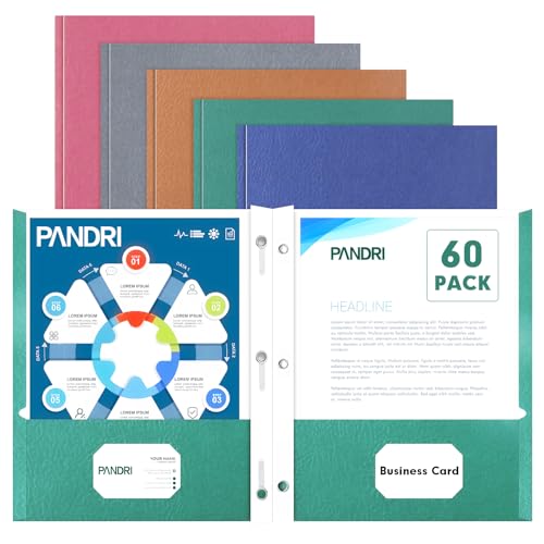 Two Pocket Folders, PANDRI 60 Pack Two Pocket Folders with Prongs, 2 Pocket 3 Prong Folders Designed for Office and Classroom, Letter Size, Assorted 5 Colors