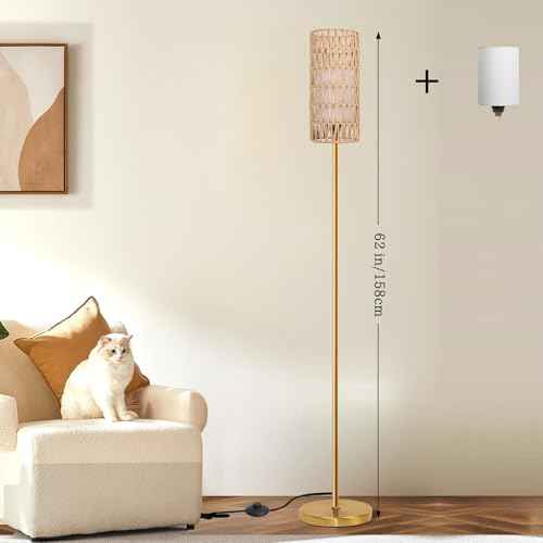 Floor Lamp for Living Room,Farmhouse Rattan Floor lamp,Modern Standing lamp with 3 Color LED Bulb,Gold Tall Lamp with Foot Switch