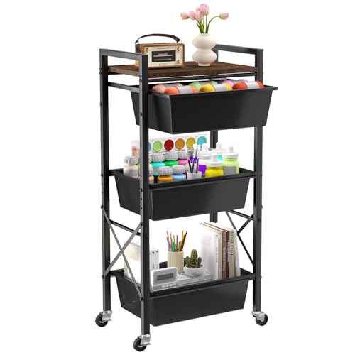 3 Tier Rolling Utility Cart with Drawer, Plastic Drawer Storage Snack Craft Book Cart with Lockable Wheels & Wood Tabletop, Metal Shelf Storage Organizer Cart for Kitchen, Bedroom, Office, Black