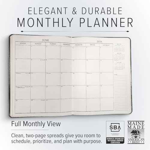 Gallery Leather Large Monthly Planner 2025-2026, Elegantly Bound Calendar Planner and Notebook with Stylish Gold-Gilded Page Edges, 18 Months - Acadia Black - 9.75x7.5"